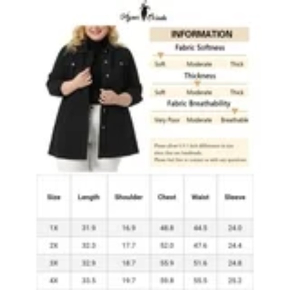 Agnes Orinda Plus Size BLACK Denim Jacket Button Up Long Sleeve Jean Jackets 1X - Picture 8 of 9